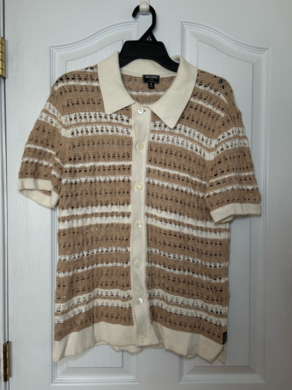 Todd Snyder Crochet Knit Polo Cardigan in Beige stripe